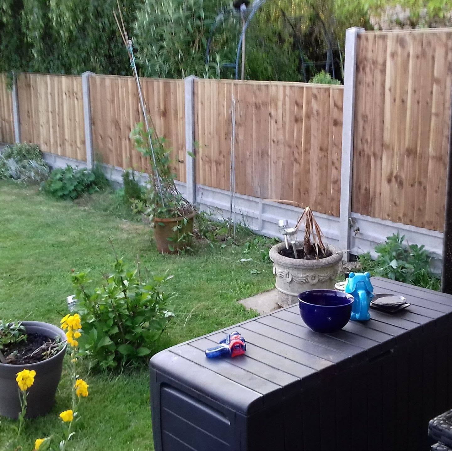New closeboard panels with concrete posts and gravel boards behind a garden patio