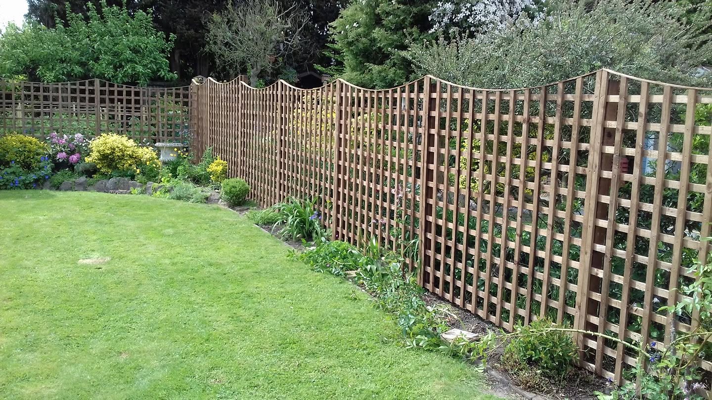 A trellis fence along a long lawned garden with flower borders